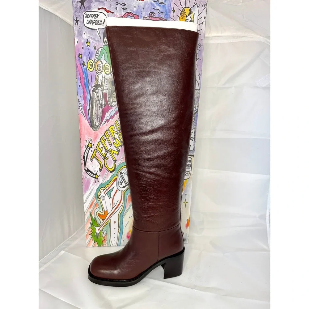 Jeffrey Campbell Vinyl Brown Over‎ The Knee Square Toe Heel Boots Womens 5.5 NIB